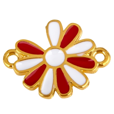 Armbandverbinder Blume, vergoldet, ca. 18,5 x 14,5 mm, rot-weiß emailliert