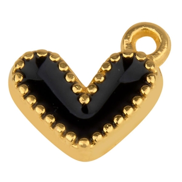 Metallanhänger Herz, Größe 10,5 x 10,5 mm, 24 Karat vergoldet, schwarz emailliert