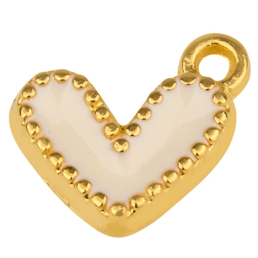 Metallanhänger Herz, Größe 10,5 x 10,5 mm, 24 Karat vergoldet, weiß emailliert
