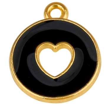 Metallanhänger Rund mit Herz, Größe 16,5 x 14,0 mm, 24 Karat vergoldet, schwarz emailliert