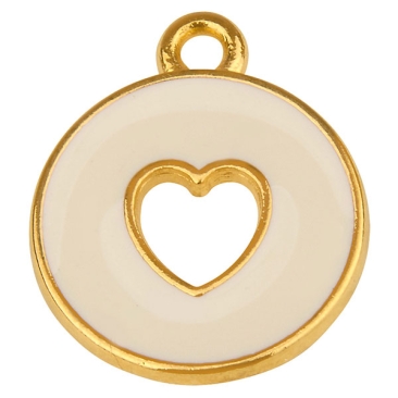 Metallanhänger Rund mit Herz, Größe 16,5 x 14,0 mm, 24 Karat vergoldet, weiß emailliert
