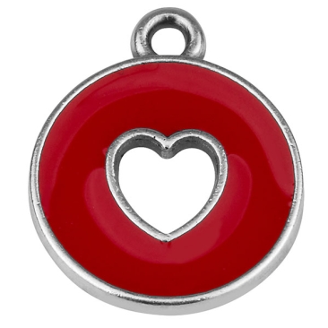 Metallanhänger Rund mit Herz, Größe 16,5 x 14,0 mm, versilbert, rot emailliert