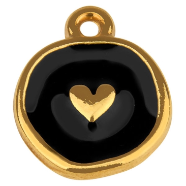 Metallanhänger Rund mit Herz, Größe 15,0 x 13,0 mm, 24 Karat vergoldet, schwarz emailliert