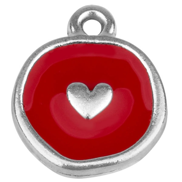 Metallanhänger Rund mit Herz, Größe 15,0 x 13,0 mm, versilbert, rot emailliert