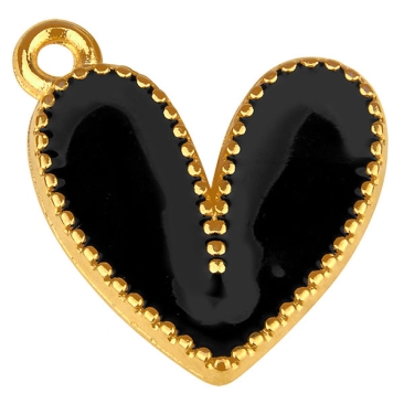 Metallanhänger Herz, Größe 19,0 x 15,5 mm, 24 Karat vergoldet, schwarz emailliert