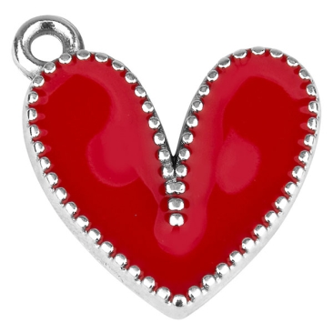 Metallanhänger Herz, Größe 19,0 x 15,5 mm, versilbert, rot emailliert