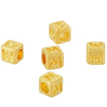Metallperle Würfel Buchstabe M/W, 4 x 4 mm, Lochdurchmesser 2,2 mm, 24 Karat vergoldet, 1 Stück