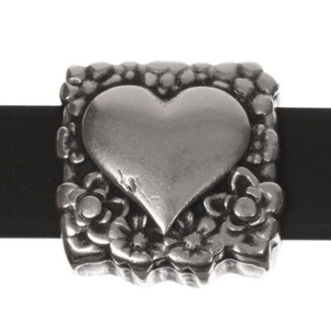Perle métallique Slider / Perle coulissante Cœur , argentée, env. 16,3 x 16,3 mm