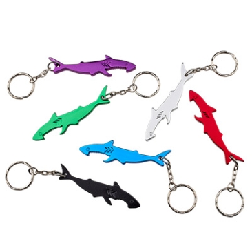 Aluminium bottle opener, shape: Shark, 80 x 20 mm, mixed colours, iron key ring, bag with 6 pieces