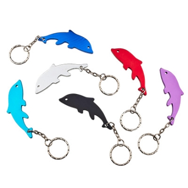 Aluminium bottle opener, shape: Dolphin, 70 x 22 mm, mixed colours, iron key ring, bag with 6 pieces
