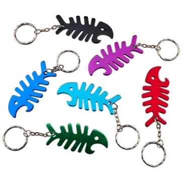 Aluminium bottle opener, shape: Fish, 66 x 28,5 mm, mixed colours, iron key ring, bag with 6 pieces