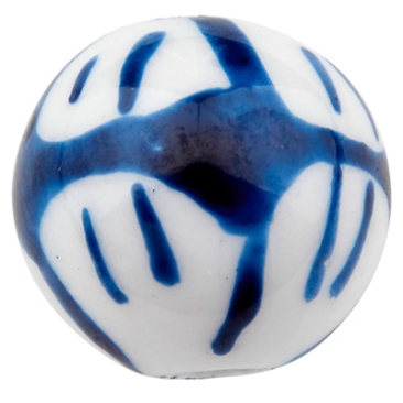 Porseleinen kraal, bol, blauw en wit gedessineerd, diameter 12 mm