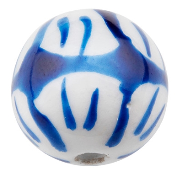 Porseleinen kraal, bol, blauw en wit gedessineerd, diameter 14,5 mm