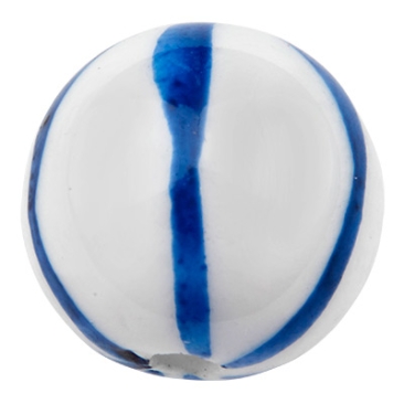 Perle en porcelaine, boule, motifs bleus et blancs, diamètre 14,5 mm