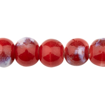 Perle en porcelaine émaillée antique, boule, rouge, 6,5 x 5,5 mm