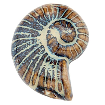 Perle en porcelaine émaillée antique, escargot, bleu foncé et brun, 42 x 31,5 mm