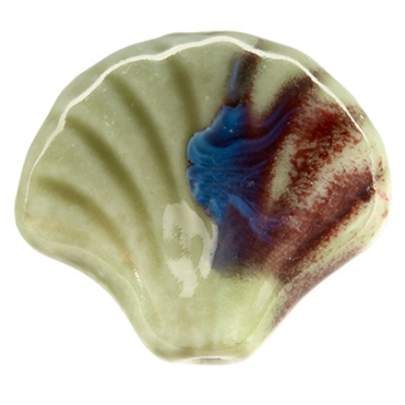 Perle en porcelaine émaillée antique, coquillage, aquamarine, 30 x 32 mm