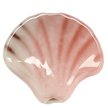 Perle en porcelaine émaillée antique, coquillage, rose, 30 x 32 mm