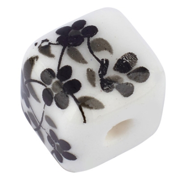 Porcelain bead cube, 8 x8 mm, white, floral pattern black