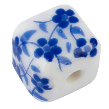 Porseleinen kraal kubus, 8 x8 mm, wit, bloemmotief blauw