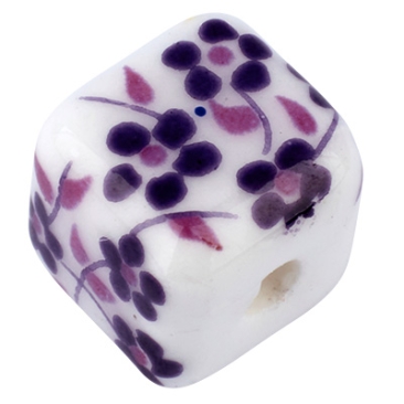 Porcelain bead cube, 8 x8 mm, white, floral pattern purple