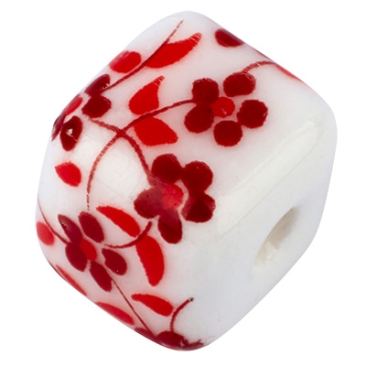 Perle en porcelaine, cube, 8 x8 mm, blanc, motif floral rouge