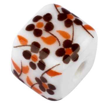 Perle de porcelaine, cube, 8 x8 mm, blanc, motif floral brun