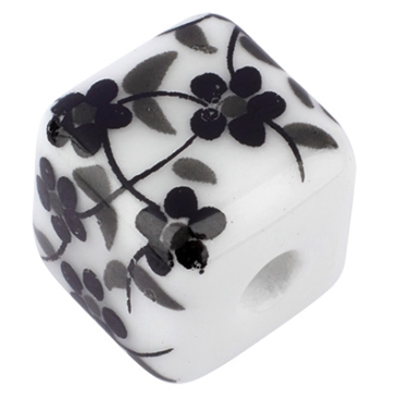 Porseleinen kraal kubus, 10 x10 mm, wit, bloemmotief zwart