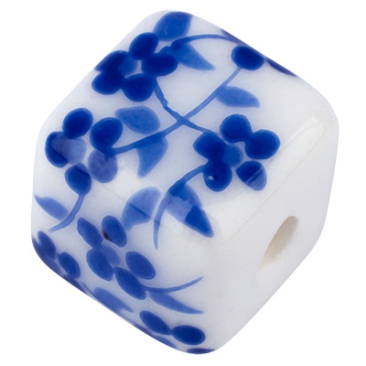 Perle en porcelaine, cube, 10 x10 mm, blanc, motif floral bleu