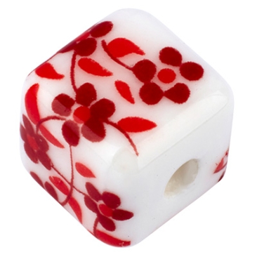 Porseleinen kraal kubus, 10 x10 mm, wit, bloemmotief rood