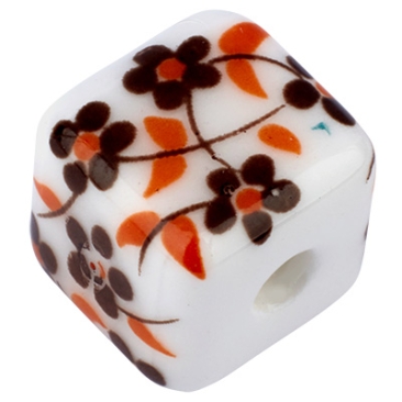 Perle en porcelaine, cube, 10 x10 mm, blanc, motif floral brun