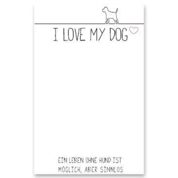 I love my dog" decorative card, portrait, white/grey, size 8.5 x 5.5 cm