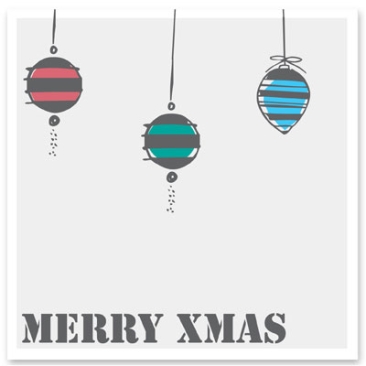 Merry Xmas" decorative card, light grey with Christmas tree balls, square, size 8.5 x 8.5 cm
