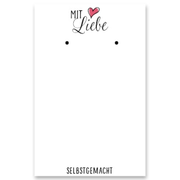 Schmuckkarte für Ohrstecker "Mit Liebe Selbstgemacht", hochkant, weiß, Größe 8,5 x 5,5 cm