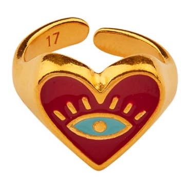Finger ring motif heart with eye, adjustable, gold-plated, enamelled
