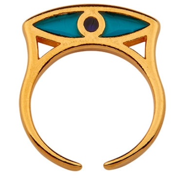 Finger ring eye, inner diameter 17.0 mm, adjustable, Vitraux, glass colour: turquoise and dark blue, gold-plated