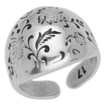 Ring with dome, floral pattern, inner diameter 17 mm, silver-plated