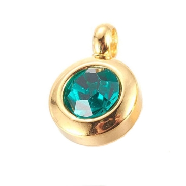 Geburtsstein Anhänger Monat: Mai, Steinfarbe: Emerald, Edelstahlanhänger mit Glasfacettstein, Rund, goldfarben, 9 x 6,5 mm, Öse 2 mm