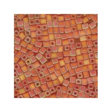 Miyuki cube 4 mm, transparent frosted rainbow orange, environ 20 gr