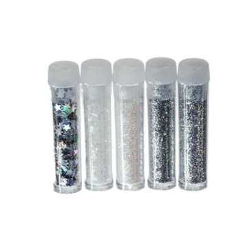 Glitter set white-silver, bag with 5 tubes, filler for glass balls