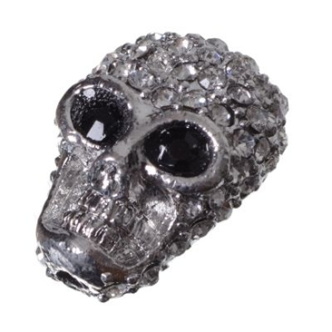 Metal bead skull with rhinestones, 1 piece, silver coloured
