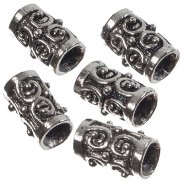 5 metal beads tube, approx. 10 x 6 mm, silver coloured