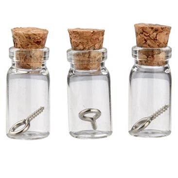 Mini glass bottles, 22 x 11 mm, with cork stopper and hanging loop, 3 pcs.
