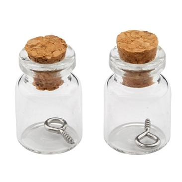 Mini glass bottles, 22 x 15 mm, with cork stopper and hanging loop, 2 pcs.