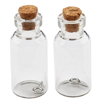 Mini glass bottles, 40 x 18 mm, with cork stopper and hanging loop, 2 pcs.