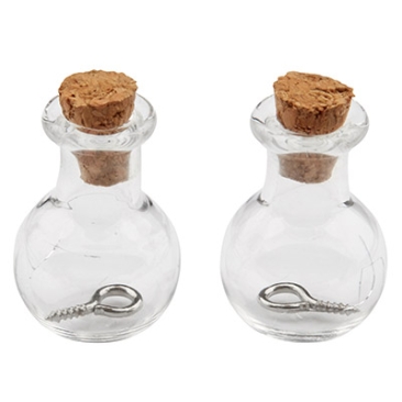Mini glass bottles, 21 x 17 mm, with cork stopper and hanging loop, 2 pcs.