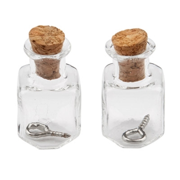 Mini glass bottles, 14 x 14 x 24 mm, with cork stopper and hanging loop, 2 pcs.