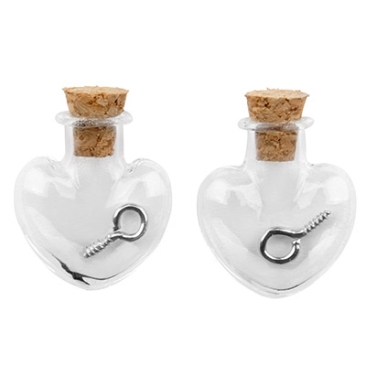 Mini glass bottles, 19 x 10 x 24 mm, heart, with cork stopper and hanging loop, 2 pcs.
