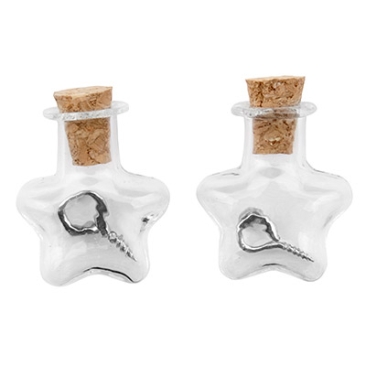 Mini glass bottles, 21 x 11 x 23 mm, star, with cork stopper and hanging loop, 2 pcs.