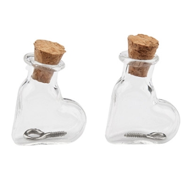 Mini glass bottles, 19 x 9 x 25 mm, heart, with cork stopper and hanging loop, 2 pcs.
